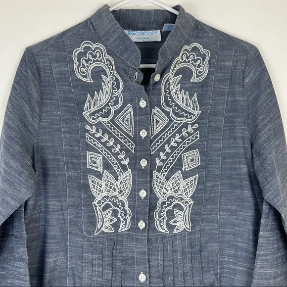 BLEU BAYOU denim 3/4 sleeve pleated front and cuffs beaded embroidered f… - Picture 4 of 10